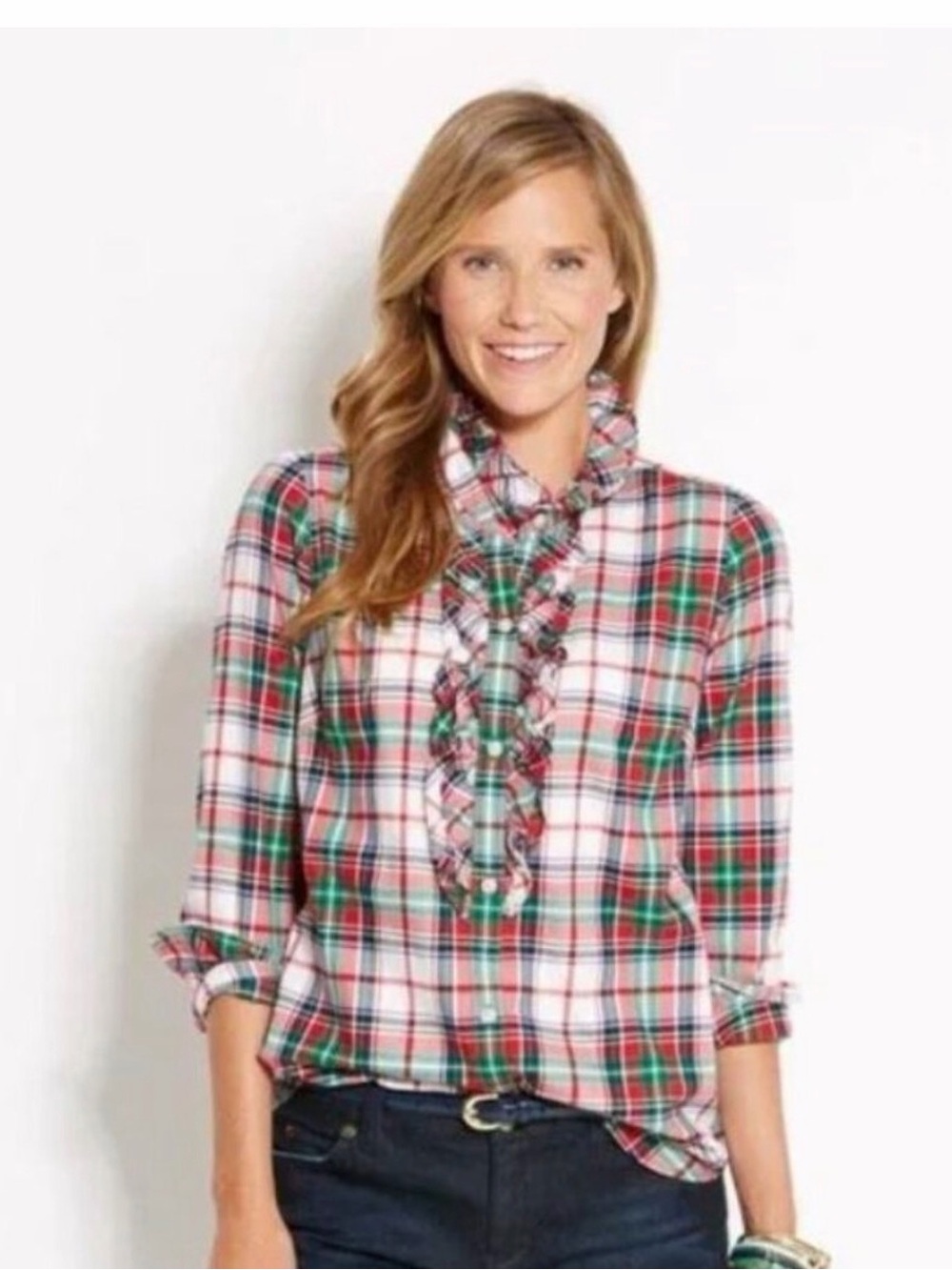 Vineyard Vines Mistletoe plaid White, Red & Green Plaid Ruffle Front Blouse.